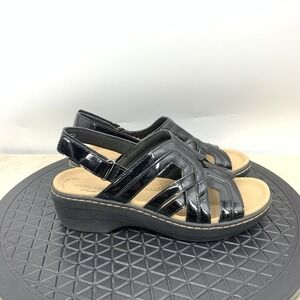 Clarks Sandals Women Size 7W WIDE Shoes Black Patent Leather Open Toe Heels